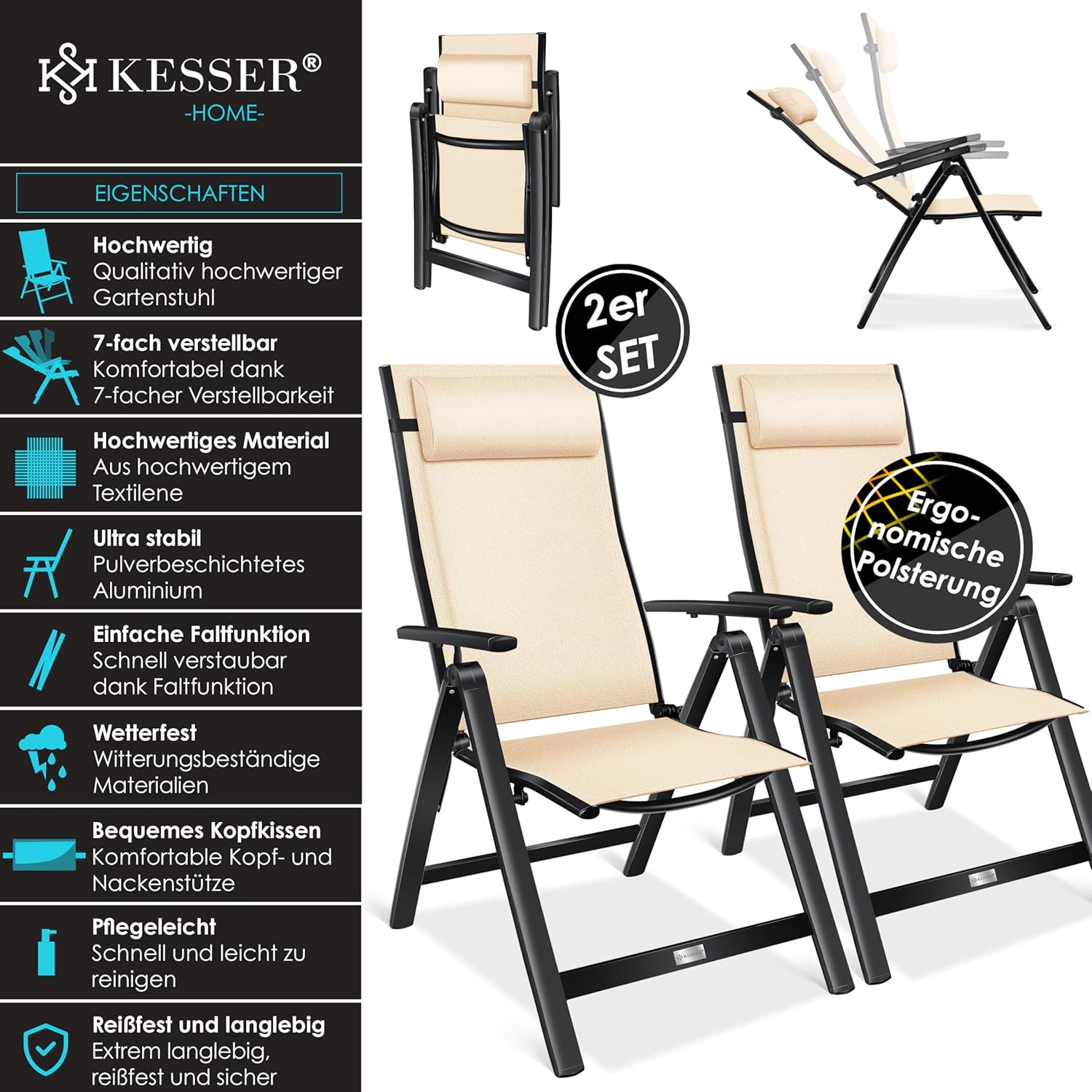 KESSER® Gartenstuhl Hochlehner mit Armlehnen 2er Set Aluminium Klappstuhl mit Kopfkissen & Abdeckung Campingstuhl 7-Fach Verstellbar Rückenlehne Atmungsaktiv Wetterfest Klappbar Anti-Rutsch, Beige