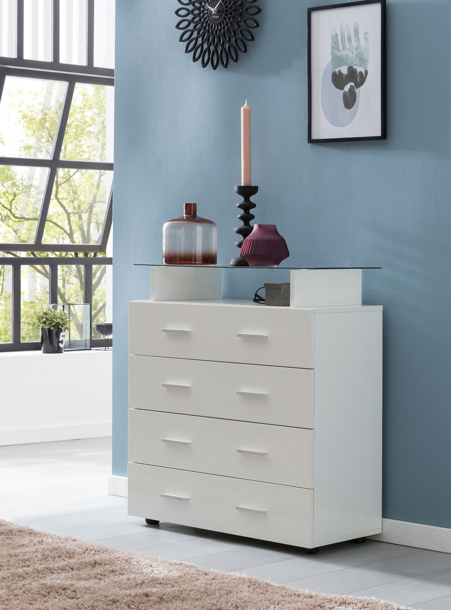 FineBuy Sideboard Weiß Kommode Hochglanz Schubladenschrank 76x84x35 cm