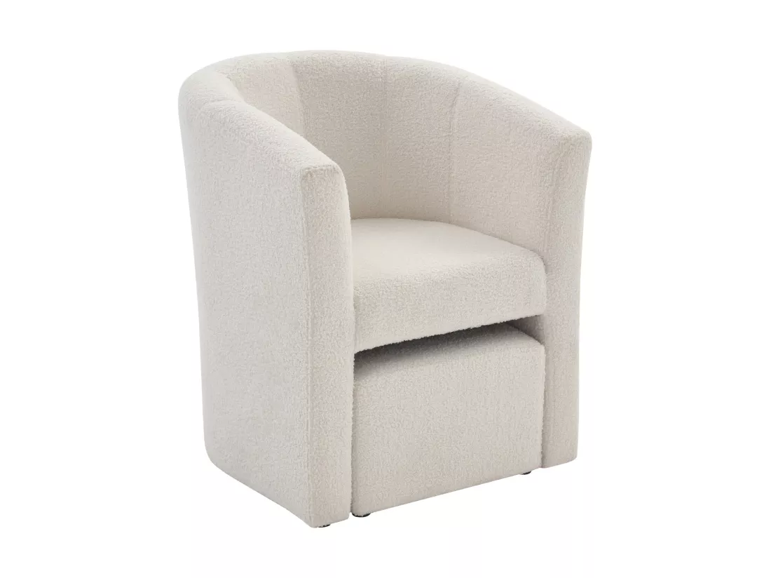 Fauteuil cabriolet et pouf en tissu bouclette blanc JOVANA