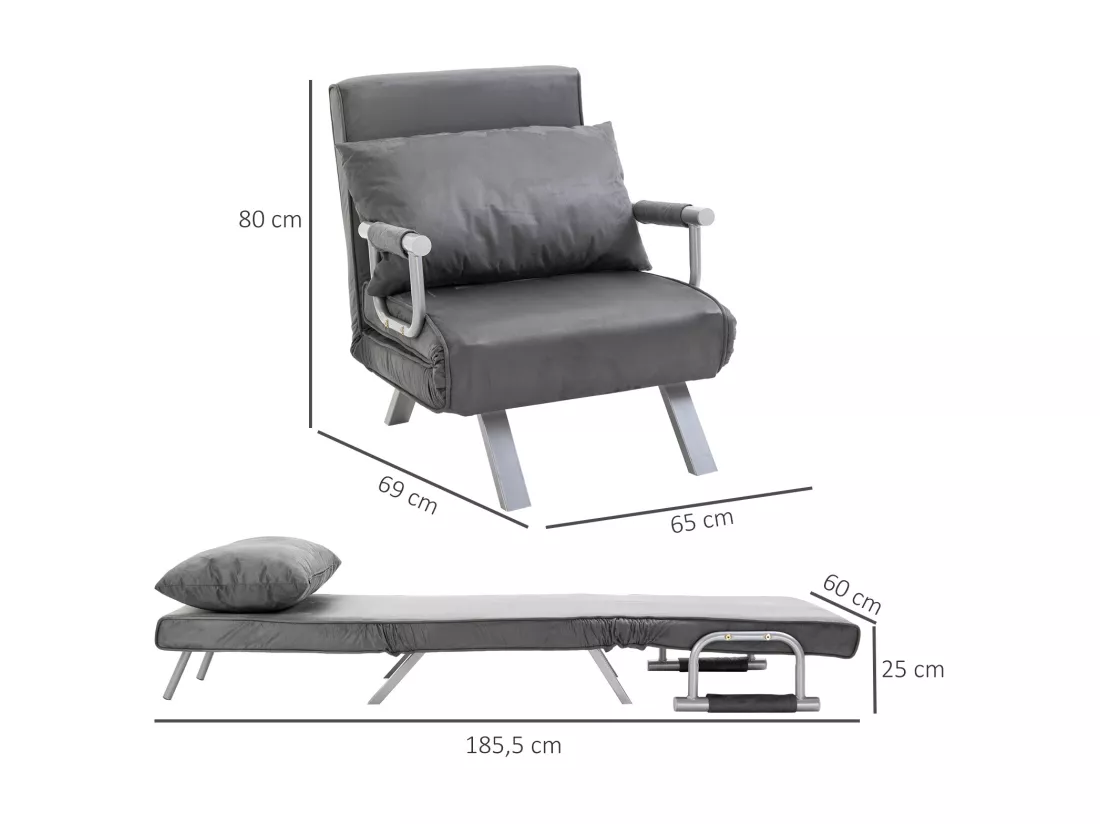 Fauteuil chauffeuse canapé-lit convertible 1 place déhoussable grand confort coussin pieds accoudoirs métal suède gris