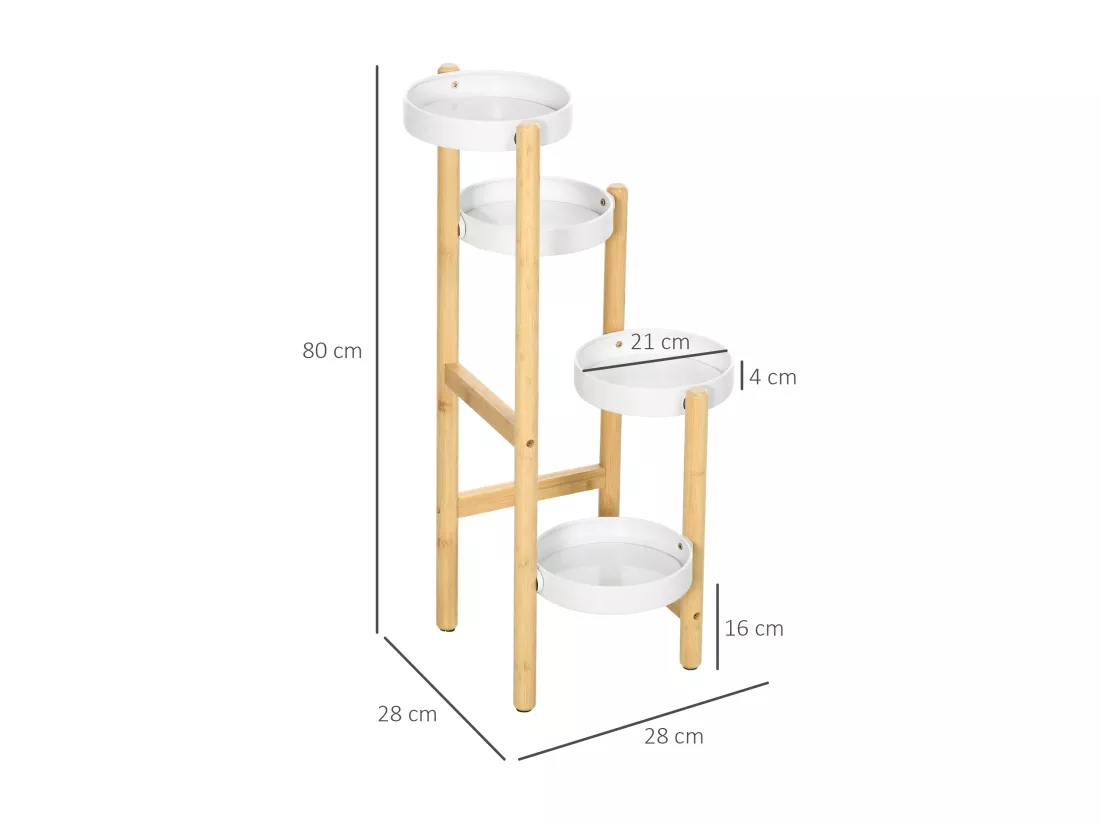 Support à fleurs style scandinave 4 niveaux - porte plante 4 étagères - bois bambou verni métal blanc
