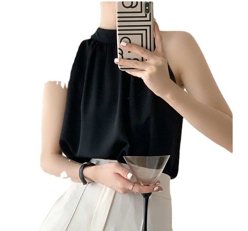 Sancus - Mouwloze blouse met geplooide hals en effen motief