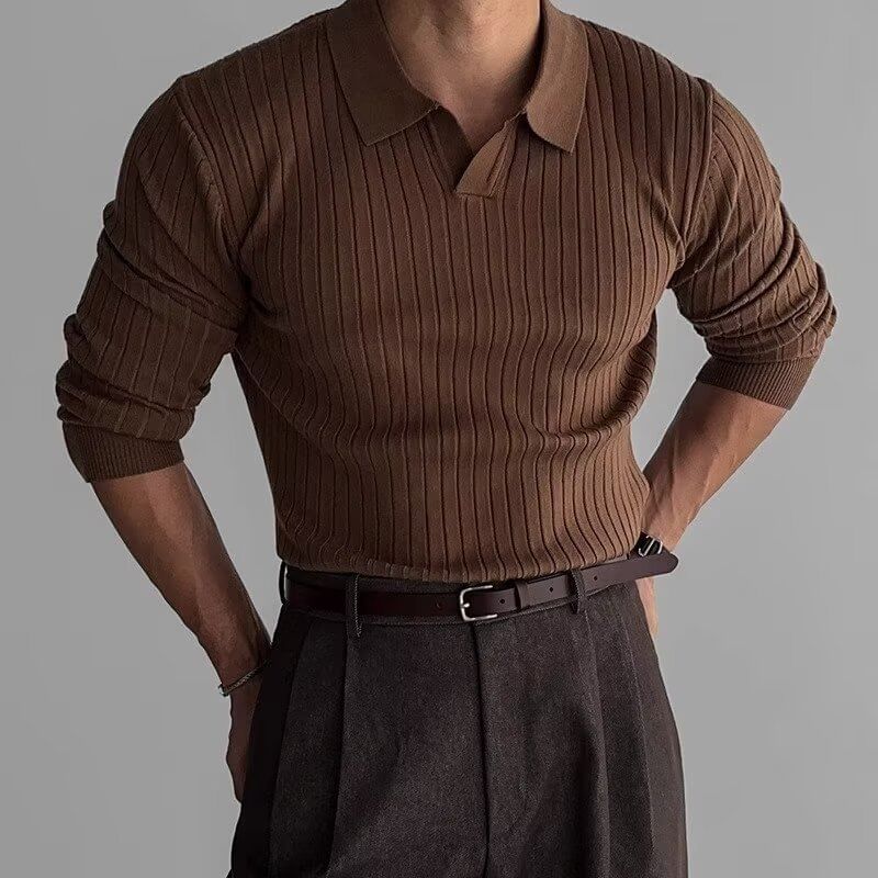 Lefitt - Poloshirt met lange mouwen en open knoopsluiting, effen gebreid