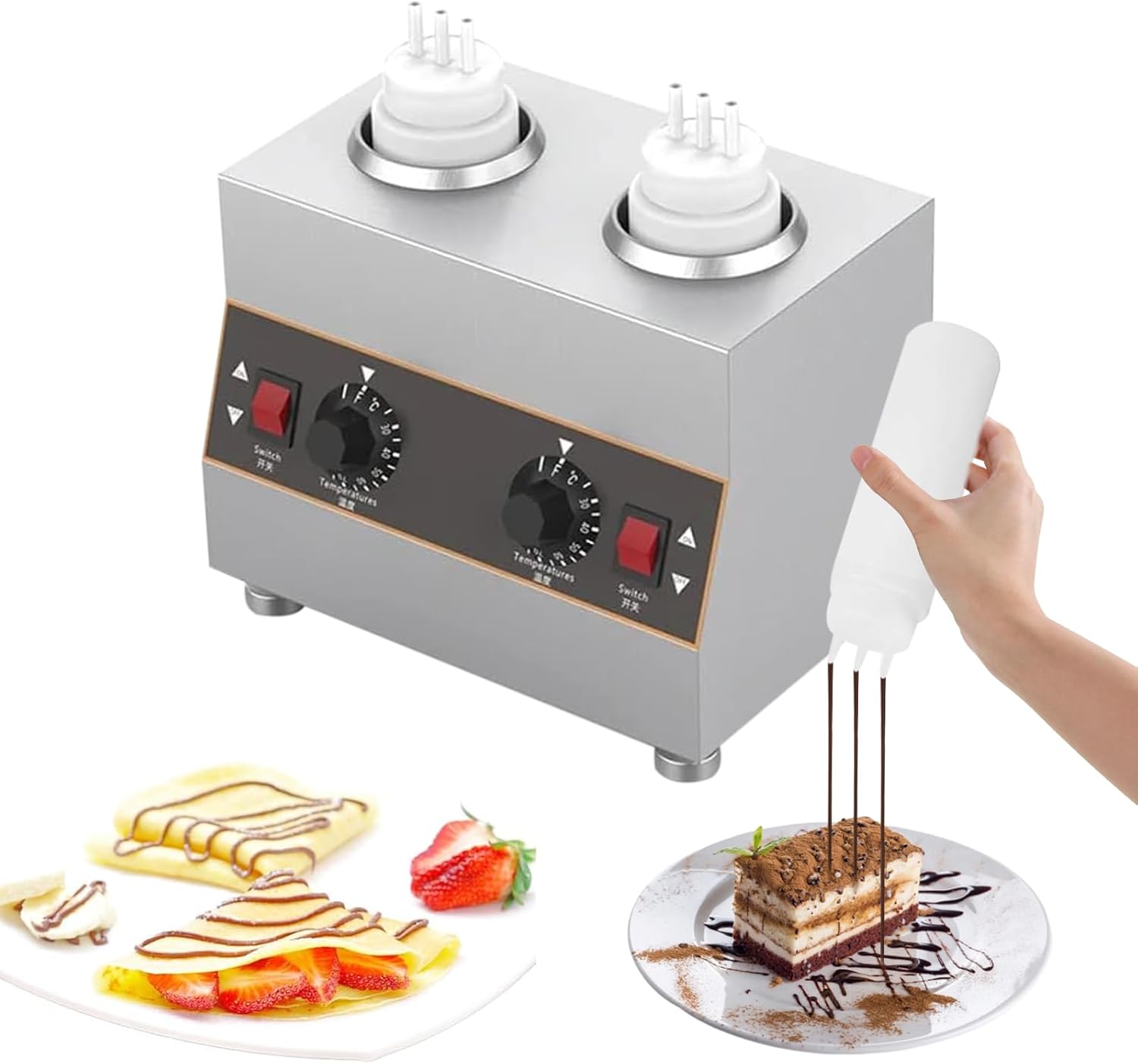 Kommerzieller Elektrischer Soßenwärmer mit mit 2*650-ml-Quetschflasche, kommerzieller elektrischer Käsesoßenspender, temperaturgesteuert, zum Erwärmen von Schokolade, Butter und Marmelade (30 - 85 °C)