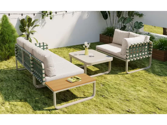 Salon de jardin modulable en fer et corde : 2 canapés 2 places + 1 canapé 1 place + 1 table basse - Abricot