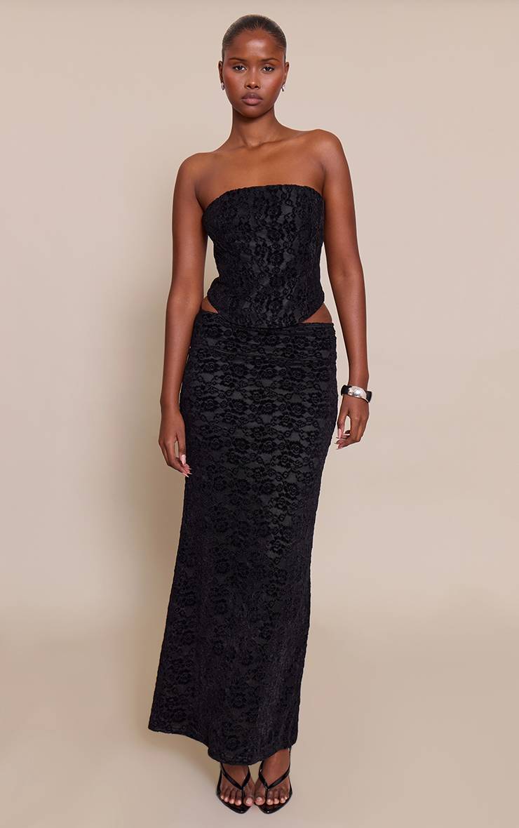 Noir Jupe Longue En Velours Dentelle Taille Mi-haute Ensemble Coordonné