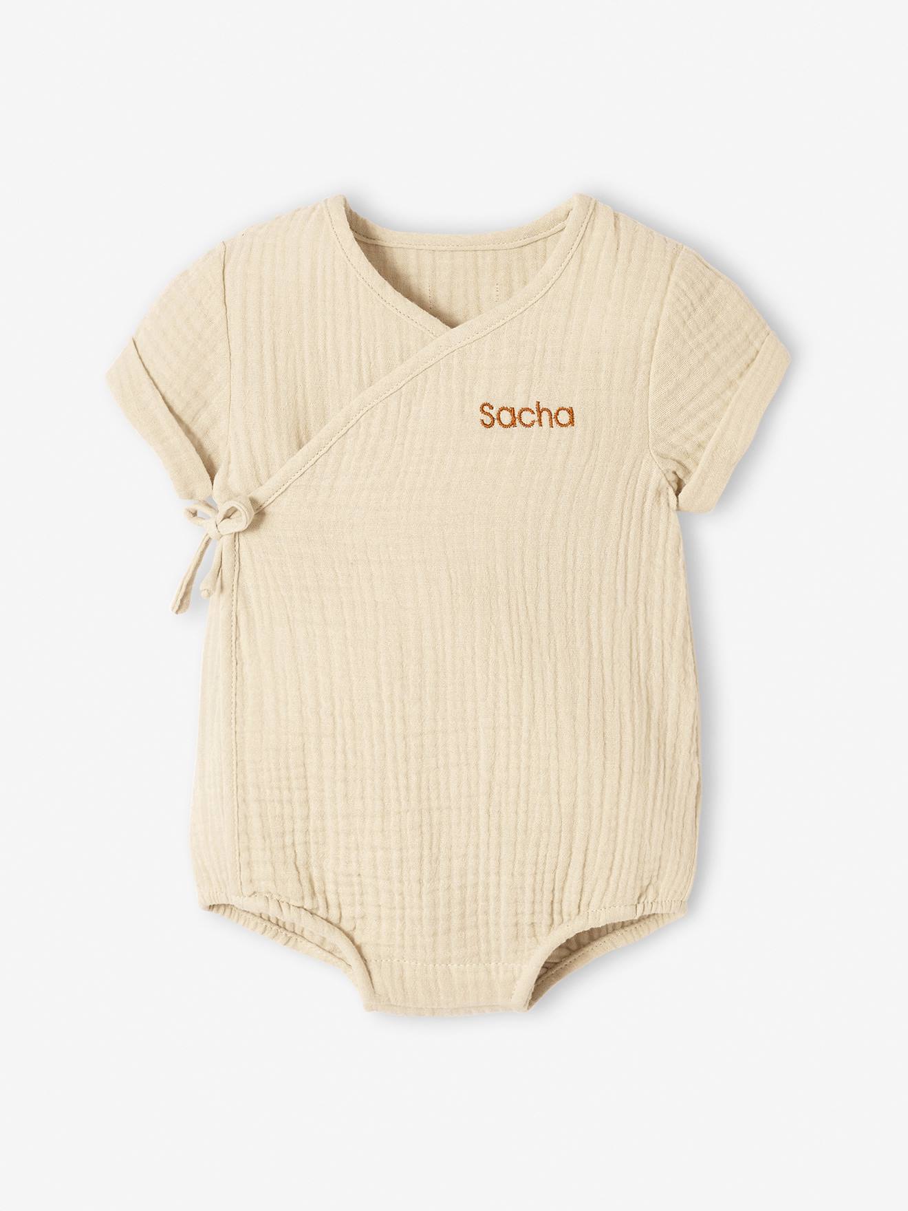 Body personalizado em chiffon de algodão com abertura para recém-nascido, cinza pérola