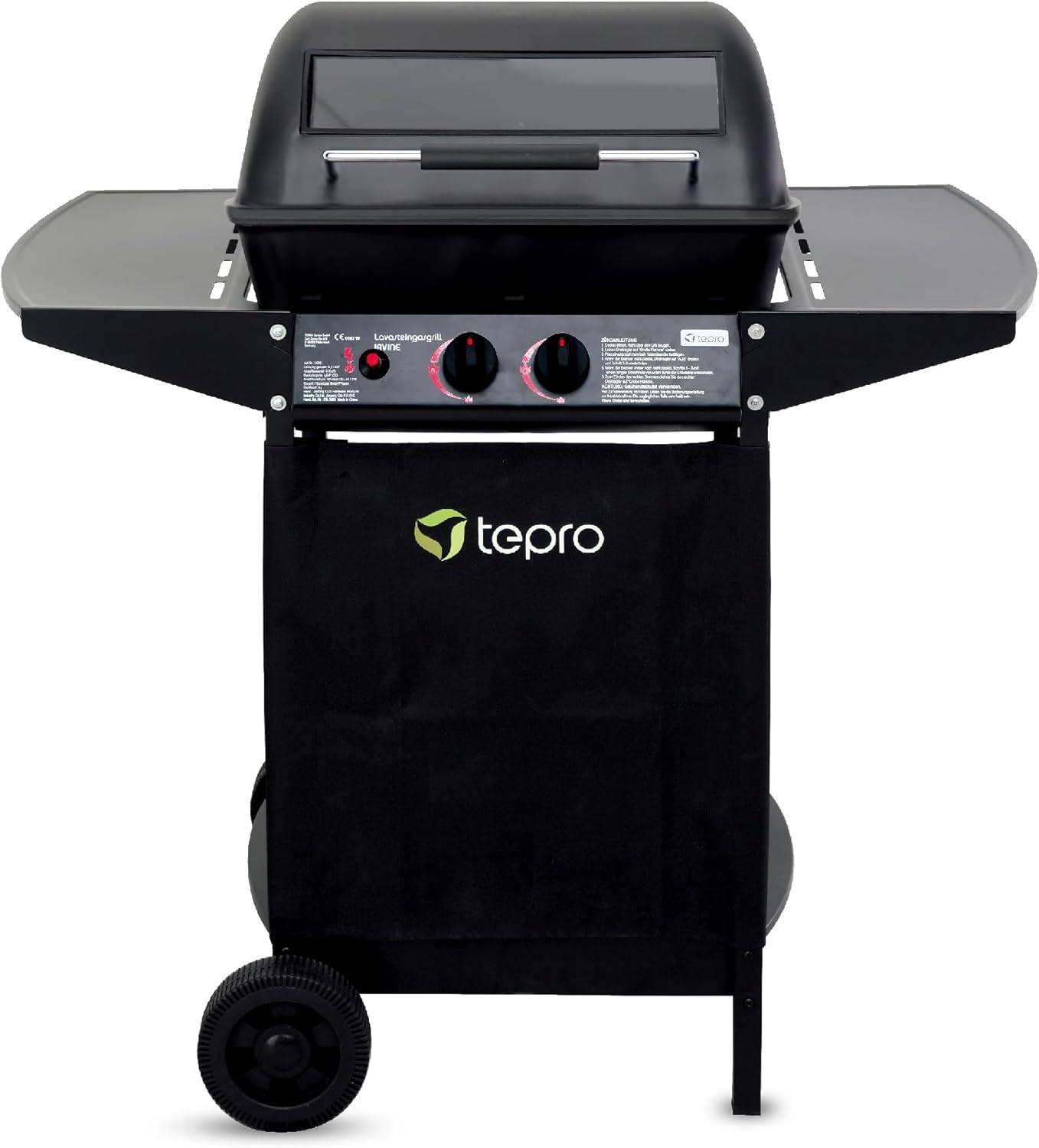 tepro Lavastein Gasgrill Irvine mit max. 5,4 kW Leistung, Edelstahl-Doppelbrenner, inklusive Lavasteine, Piezozündung im Drehregler, Grillwagen mit Rädern, Maße ca. 94 x 51 x 102 cm, Schwarz