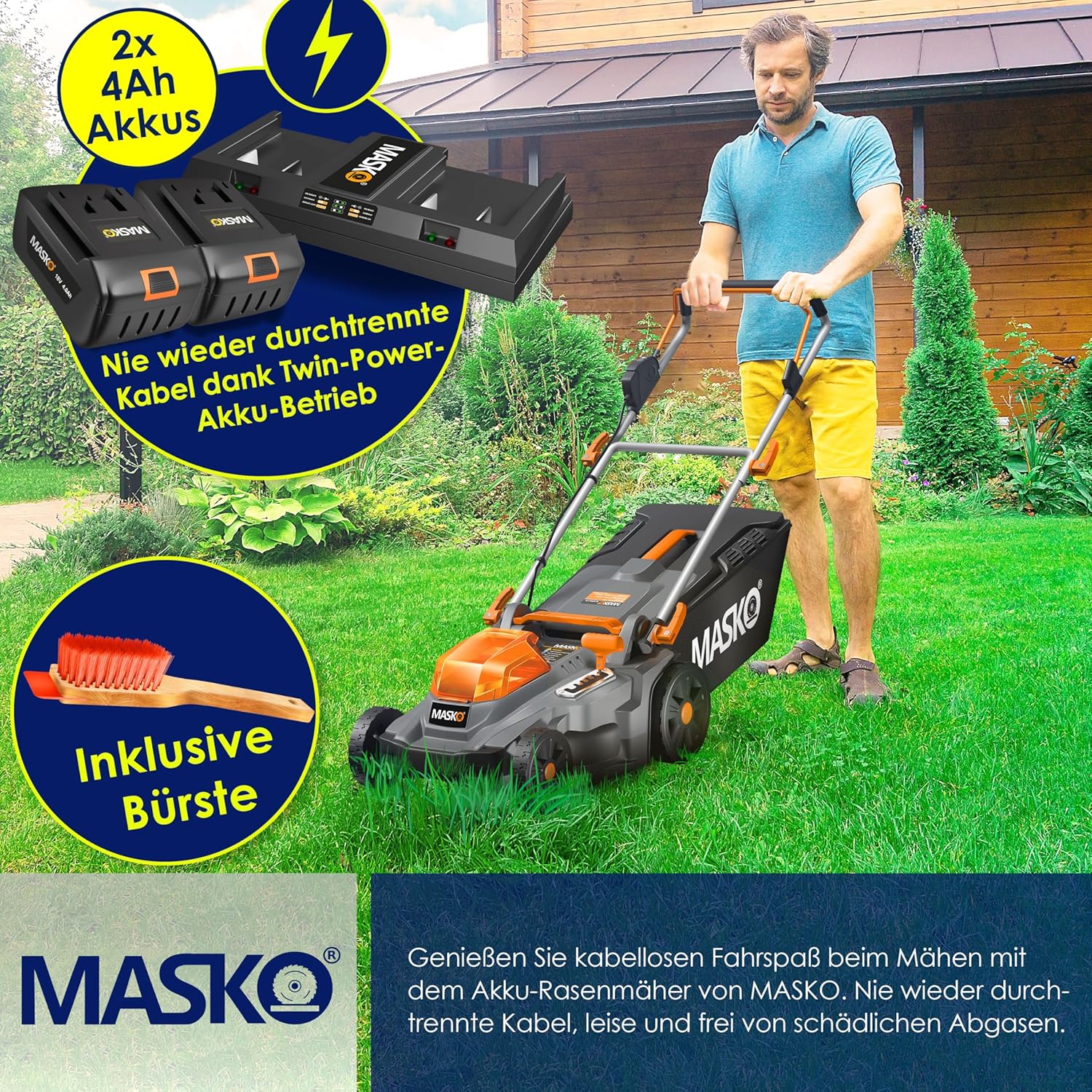 MASKO® Akku Rasenmäher mit Mulchfunktion, 2X Akkus Li-Ion Batterie 4Ah & Doppel-Ladegerät Rasentrimmer 43cm Schnitt-Breite 6X Höhenverstellbar 55L Fangkorb Flächen bis 650m² inkl. Handschuhe & Bürste