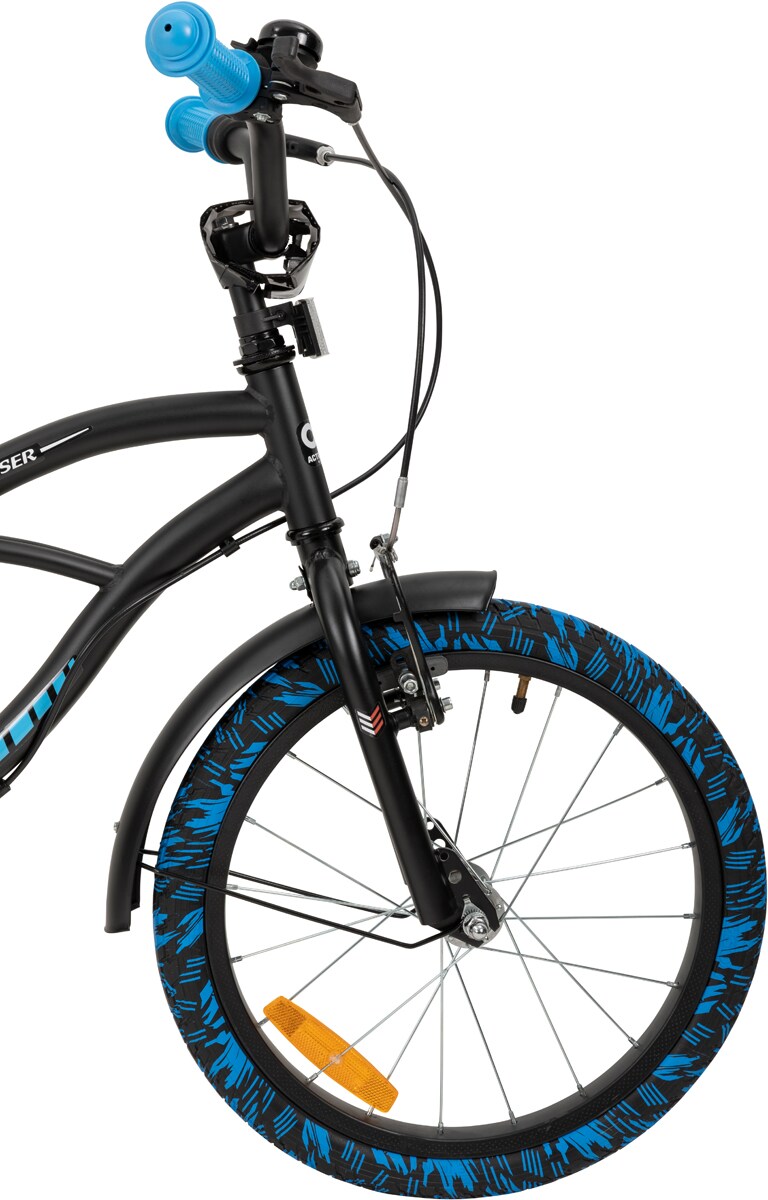 Actionbikes Kinderfahrrad Cruiser 18 Zoll, schwarz, Fahrradständer, Antirutschgriffe, Lenkerschutz (Schwarz/Blau)