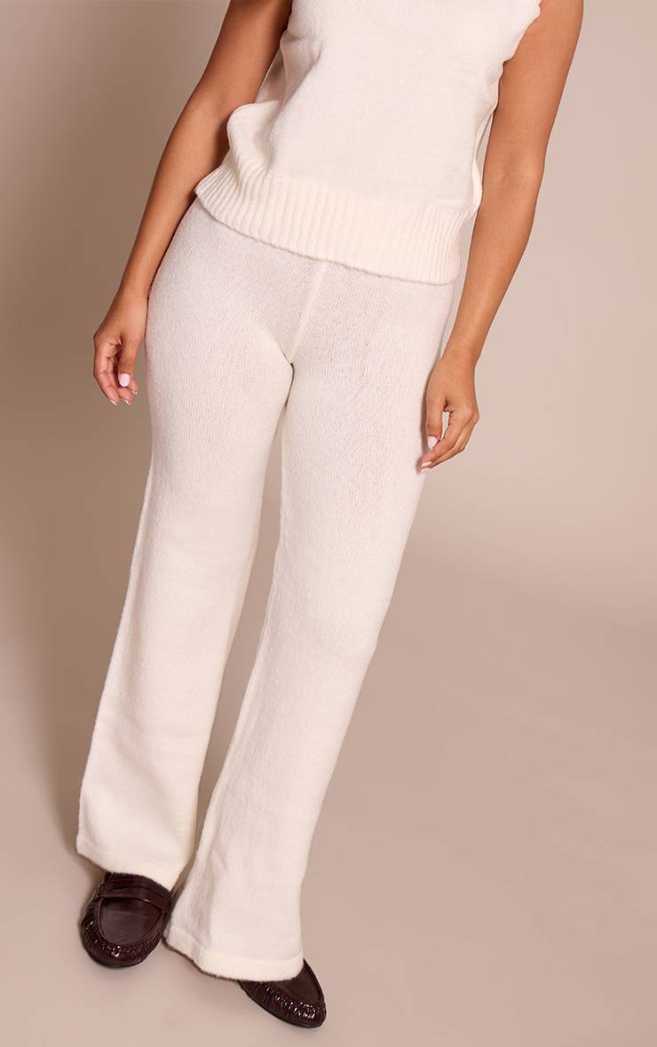 Crème Pantalon Large Taille Haute En Maille Petite