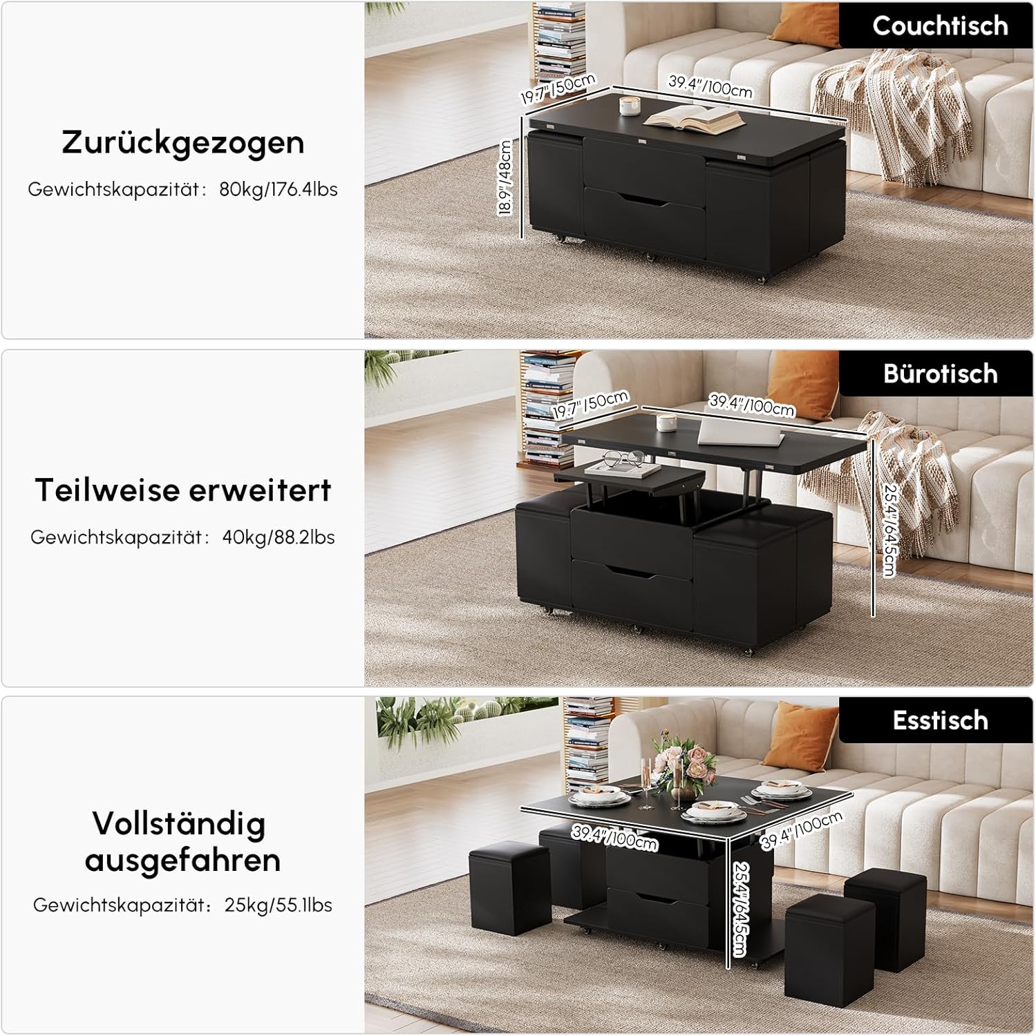 Homary Couchtisch Höhenverstellbar, Wohnzimmertisch mit Schublade, 3-in-1-Multifunktions-Couchtisch Umwandelbar in Wohnzimmer-Esstisch Arbeitstisch mit 4 Hockern und Feststellbaren Rollen (Schwarz)