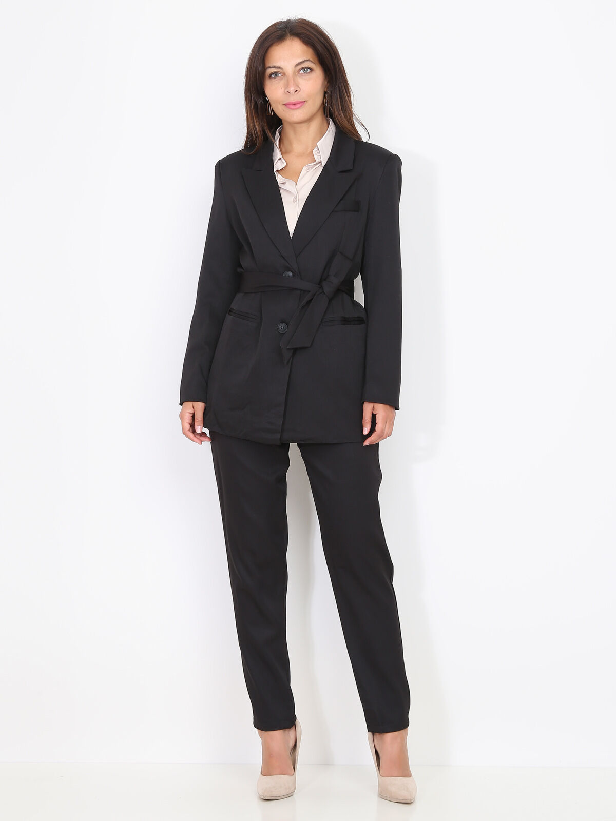 Blazer droit à ceinture amovible- Noir