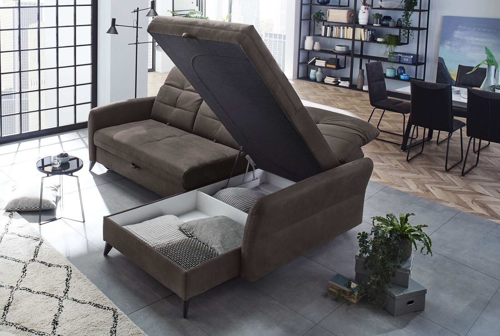Ecksofa Loft, Stoff Dunkelbraun, Sitztiefenverstellung
