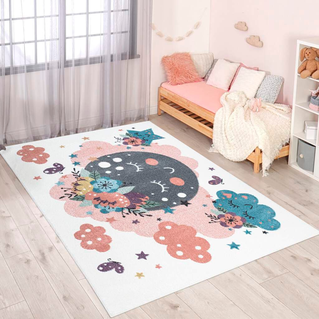 Carpet City Kinderteppich »ANIME917« rechteckig 11 mm Höhe Kinderzimmer Teppich Modern mit Mond, Blumen, Wolken, Creme, Multi