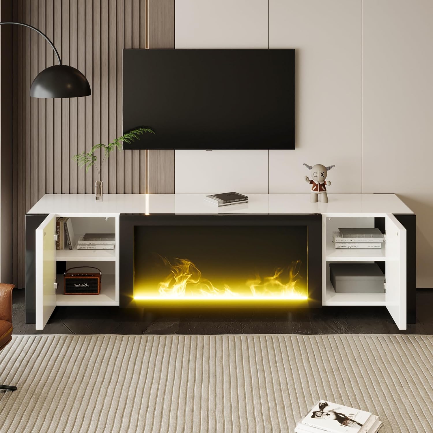 TV-Schrank, Lowboard mit elektrischem Kamin Flammeneffekt, Keine Heizfunktion, Hochglanz, farblich passender TV-Schrank
