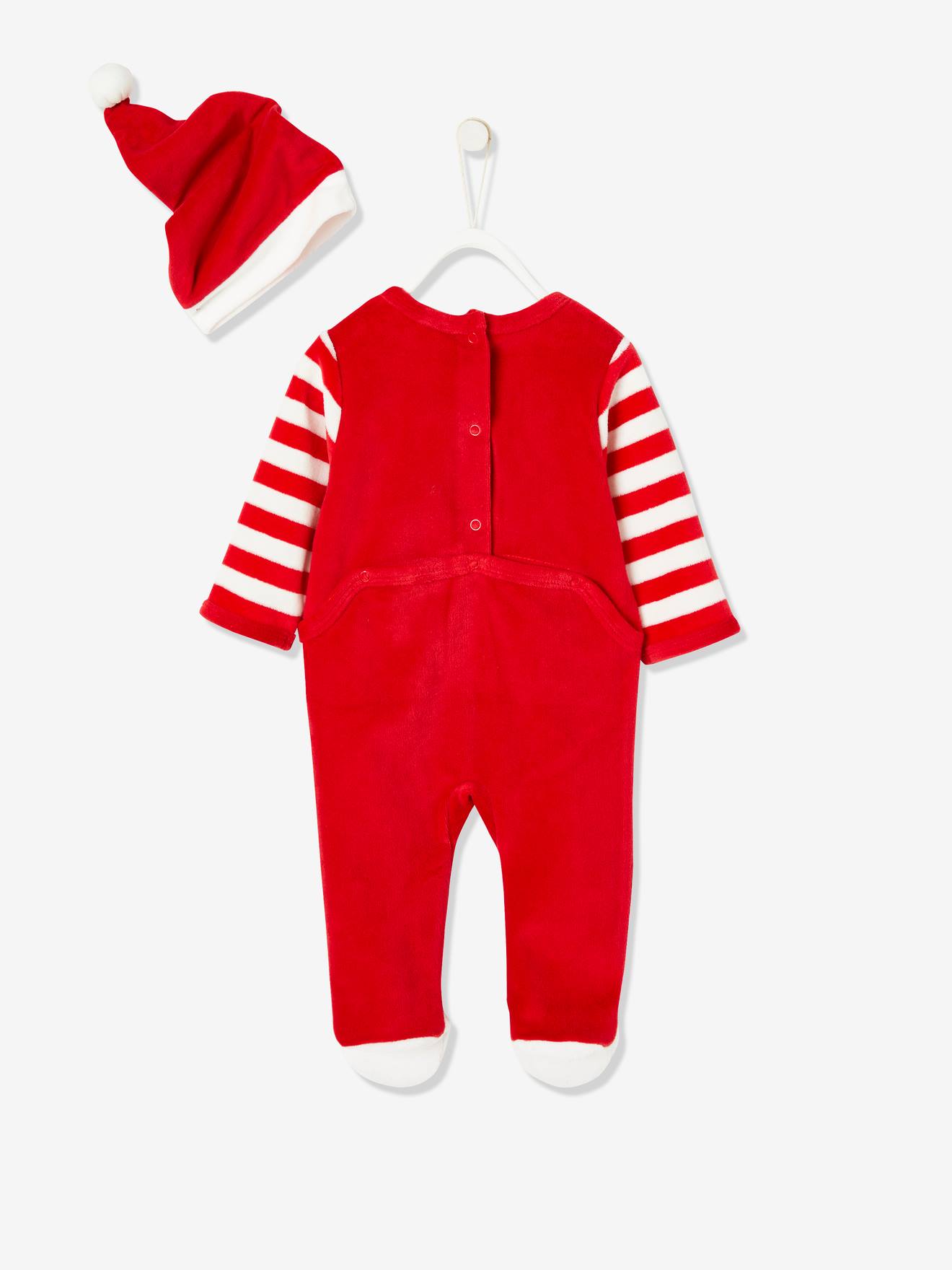 Conjunto de presente de Natal para bebê, composto por body e gorro, na cor vermelho escuro liso com estampas.