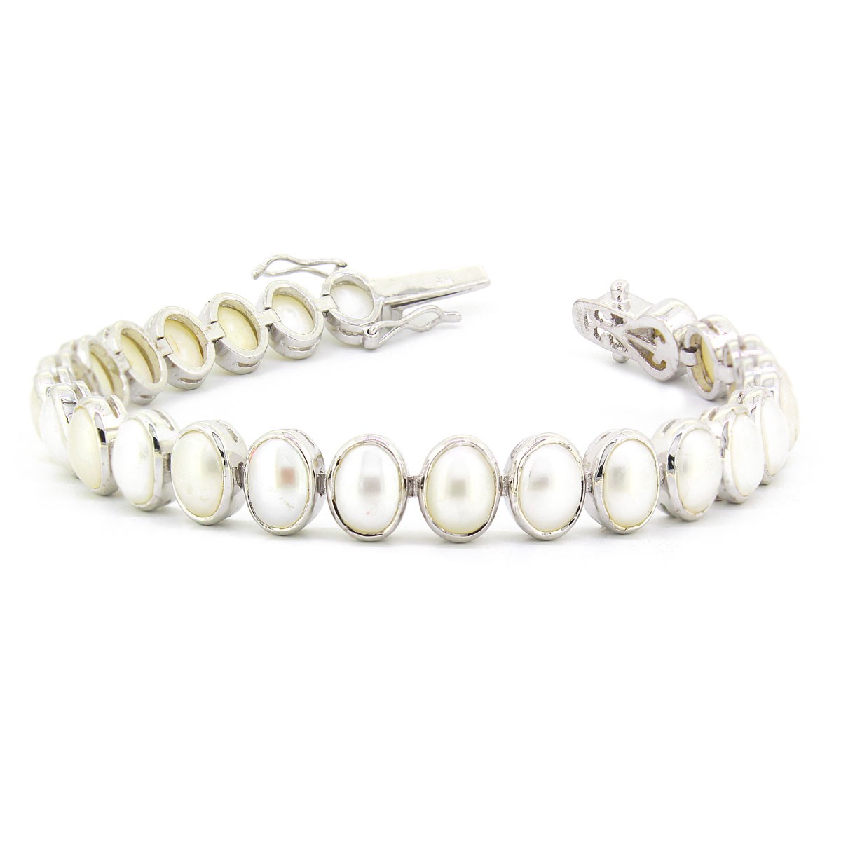 Bracelet Perles Blanches Ovales et Argent 925