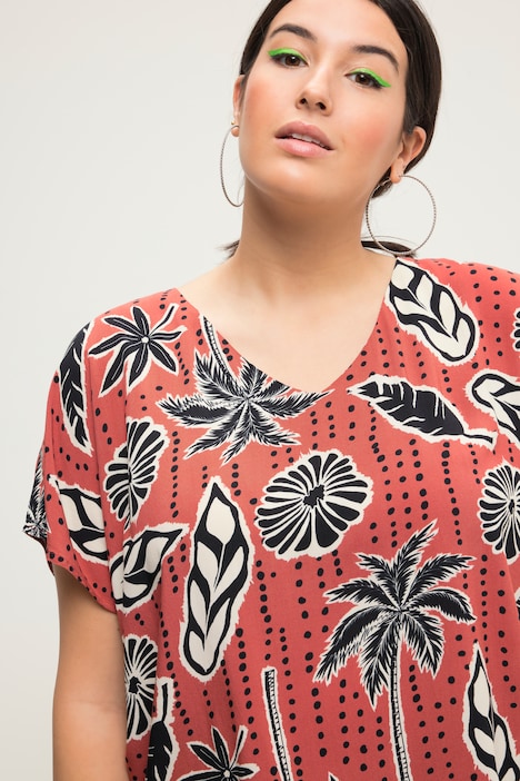 Blusenshirt, oversized, Palmen Print, V-Ausschnitt