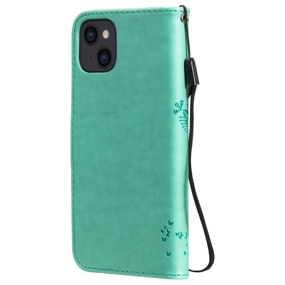 iPhone 14 Leder Tasche Flip Cover Baum Imprint - Türkis
