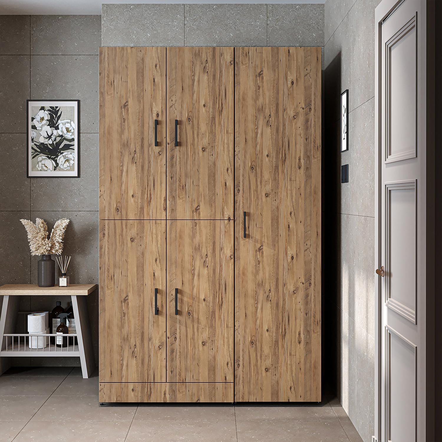 ROOMART Dora - Armoire de machine à laver - Pour sèche-linge et machine à laver - En 4 couleurs - Avec portes et panneau coulissant - Blanc - Chêne blanc - Chêne anthracite - Chêne blanc (chêne blanc)