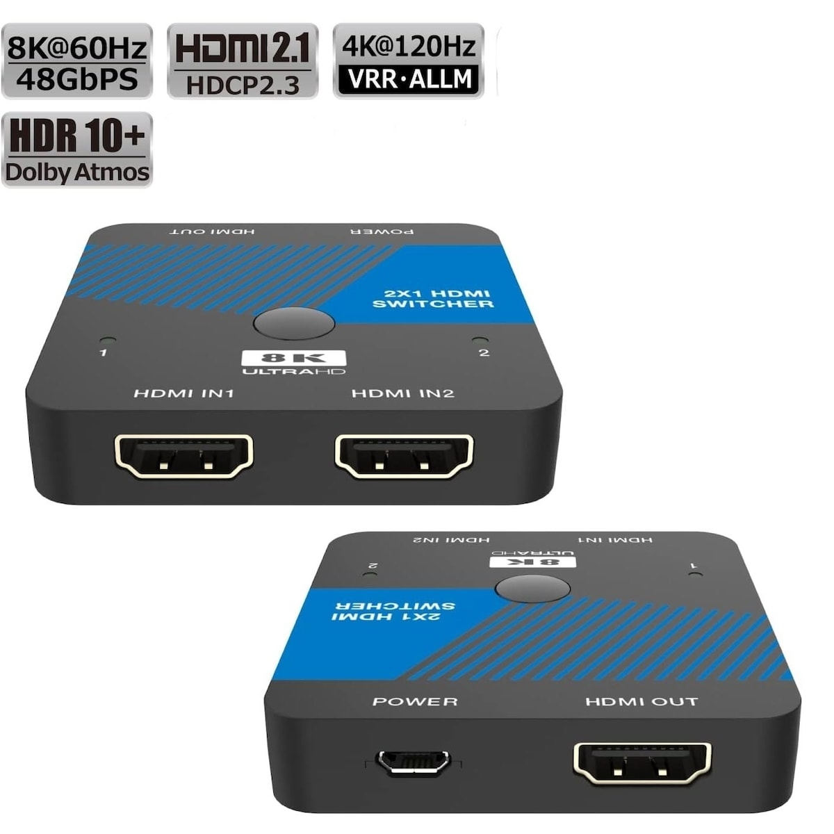 NÖRDIC HDMI 2.1 Switch 2 til 1 8K60Hz 4K120Hz CEC HDR Dolby Atmos, True HD, Digital Plus, DTS-HD Master