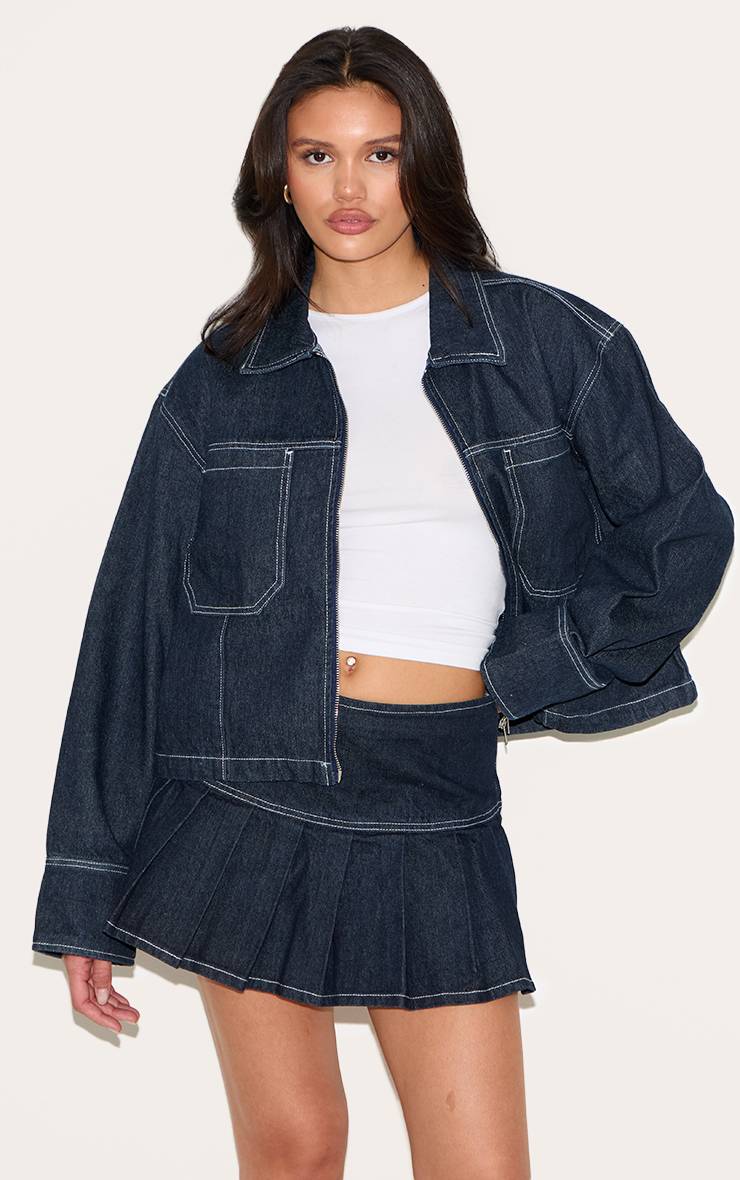 Bleu Indigo Foncé Mini-jupe En Denim Plissée À Coutures Contrastées