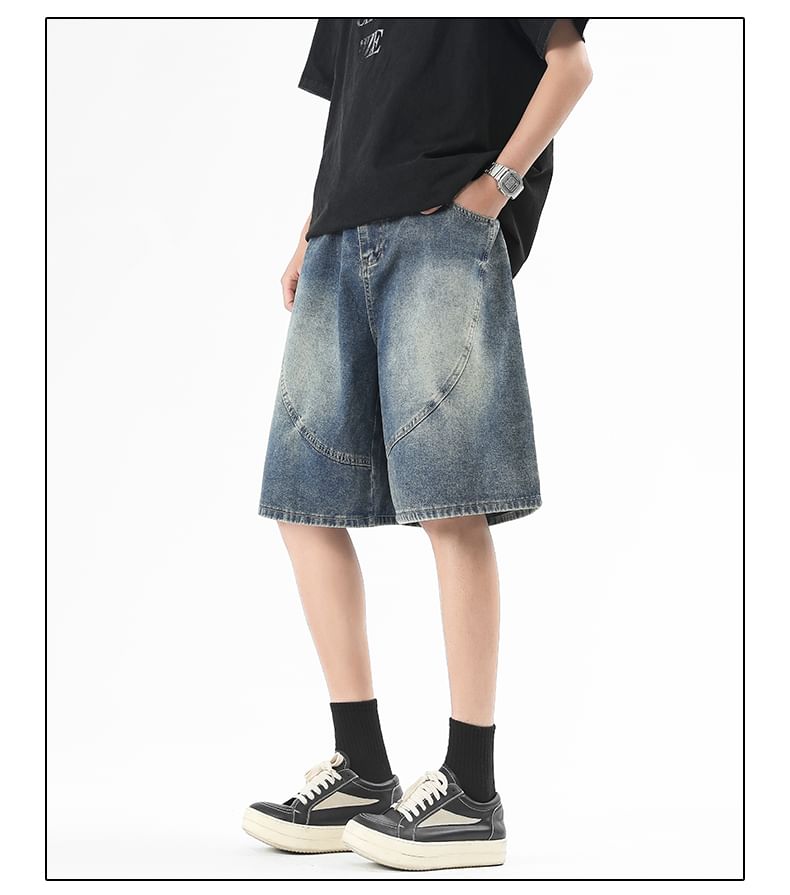 AXEN - Mid Rise Washed Panel Denim Jorts