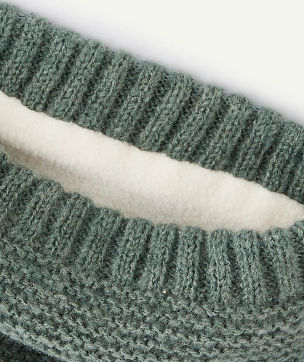 SET TRICOT BÉBÉ GARÇON EN FIBRES RECYCLÉES VERT AVEC BONNET MOUFLES ET SNOOD