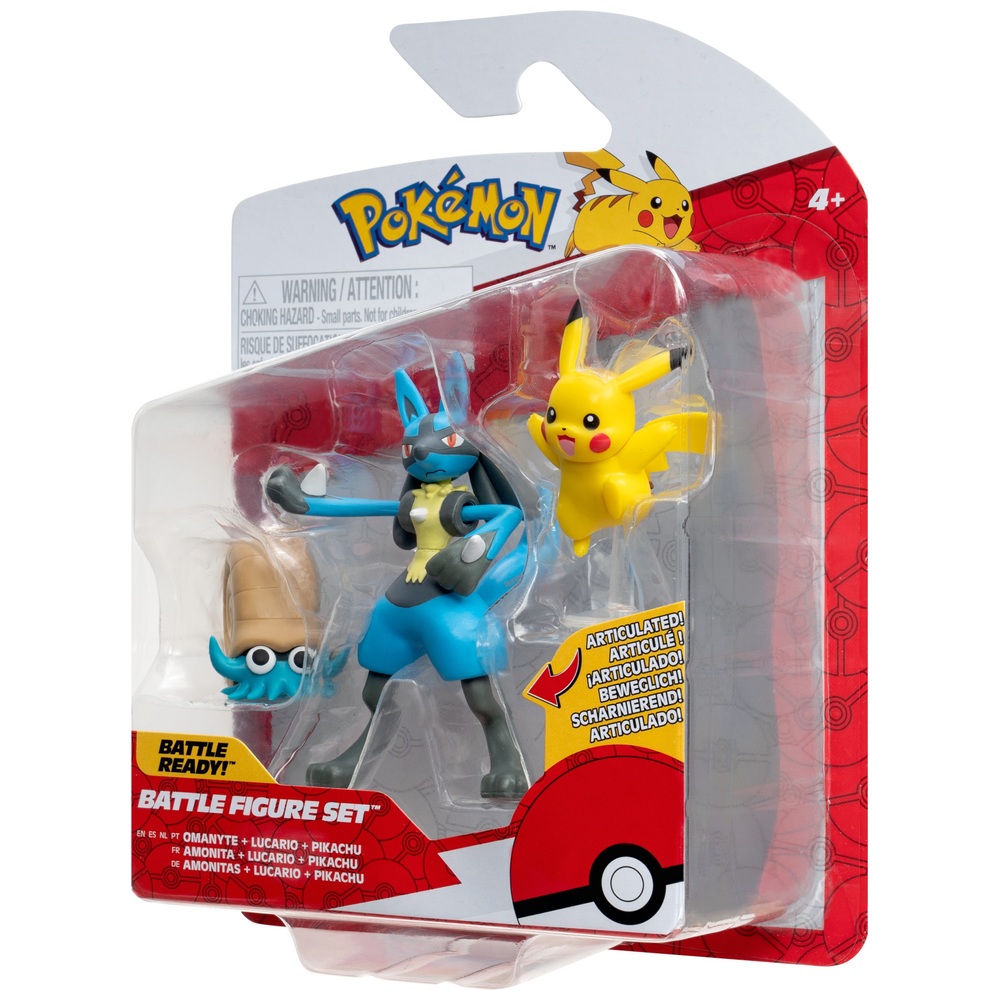 Pokémon-Kampffiguren-3er-Pack – Omanyte, Pikachu, Lucario