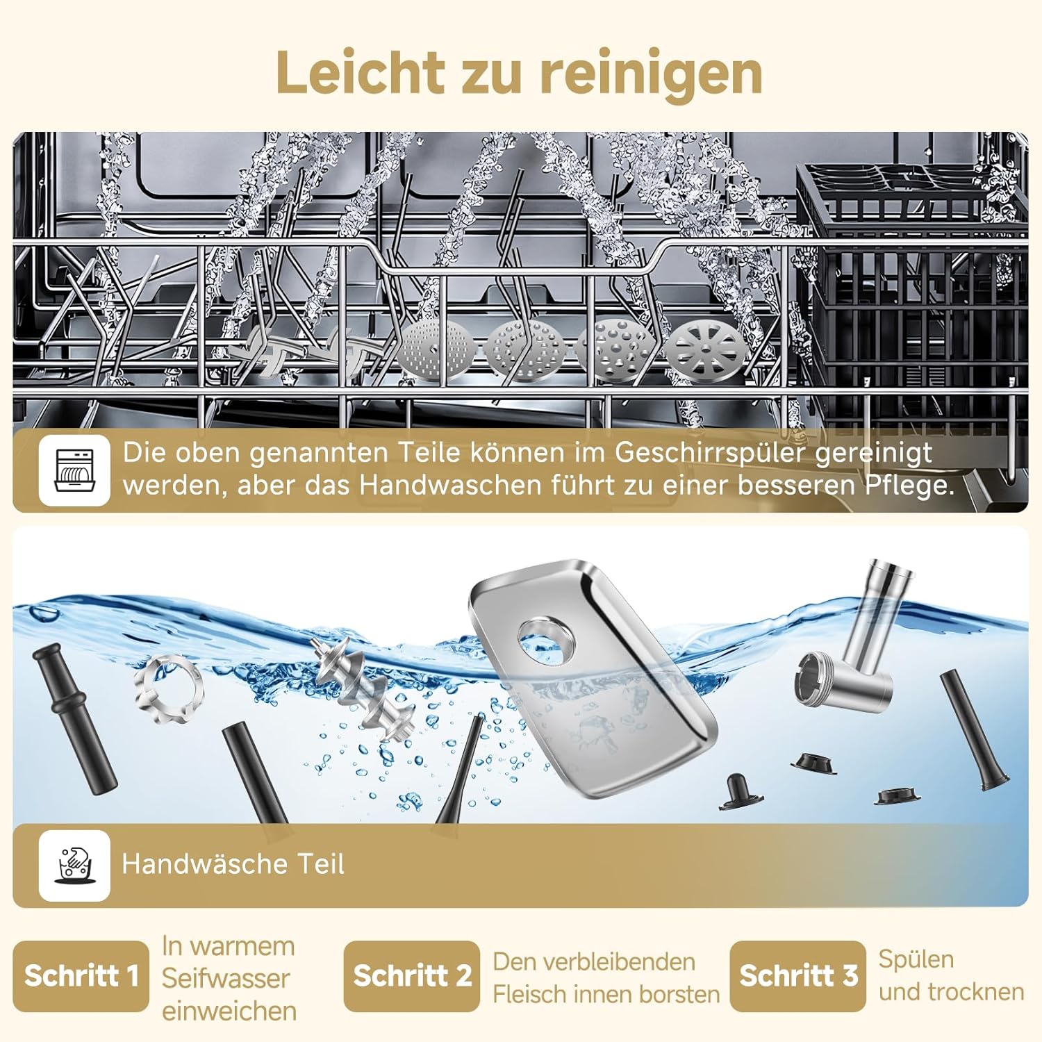 AAOBOSI Fleischwolf Elektrisch, 3-IN-1 [3000W Max] Multi Fleischwolf mit 3 Edelstahl-Schleifplatten, Kubbe & Wurstfüllrohren,Upgrade der Auto Rücklauffunktion - Edelstahl