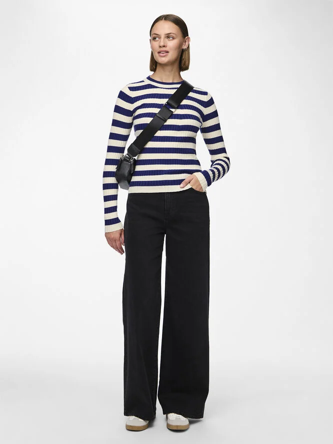 Pieces PCCRISTA LS O-NECK KNIT NOOS BC Bellwether blue/wide birch stripes