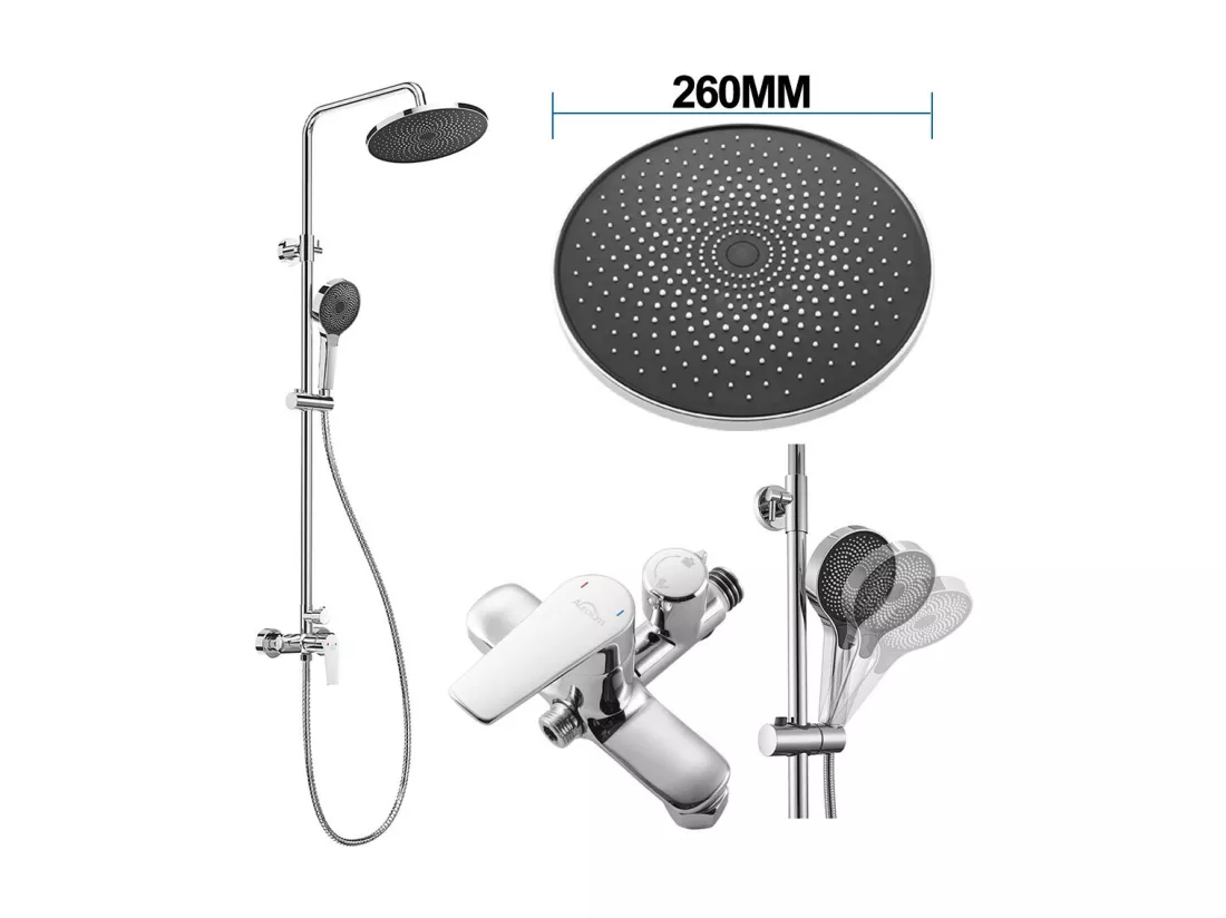 Colonne Douche Chromé,avec Mitigeur,Ensemble de Douche Réglable en Hauteur 103-139 cm, Mitigeur Douche avec Douche de tête et Douchette 3 Jets