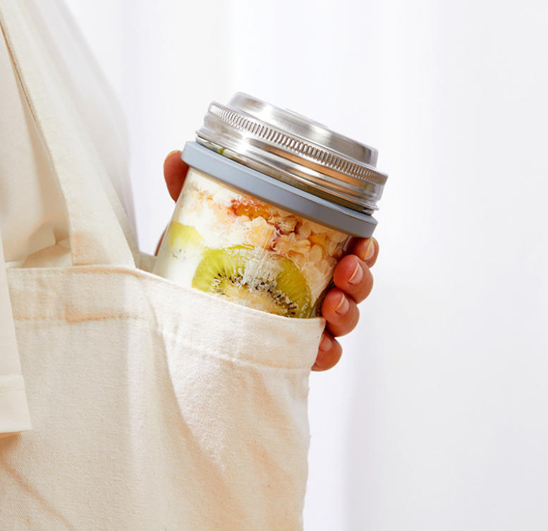 (2er Set) 350ml Frühstücks Glas Essens Behälter Lunch Pot inkl. Löffel für Müsli / Joghurt / Porridge