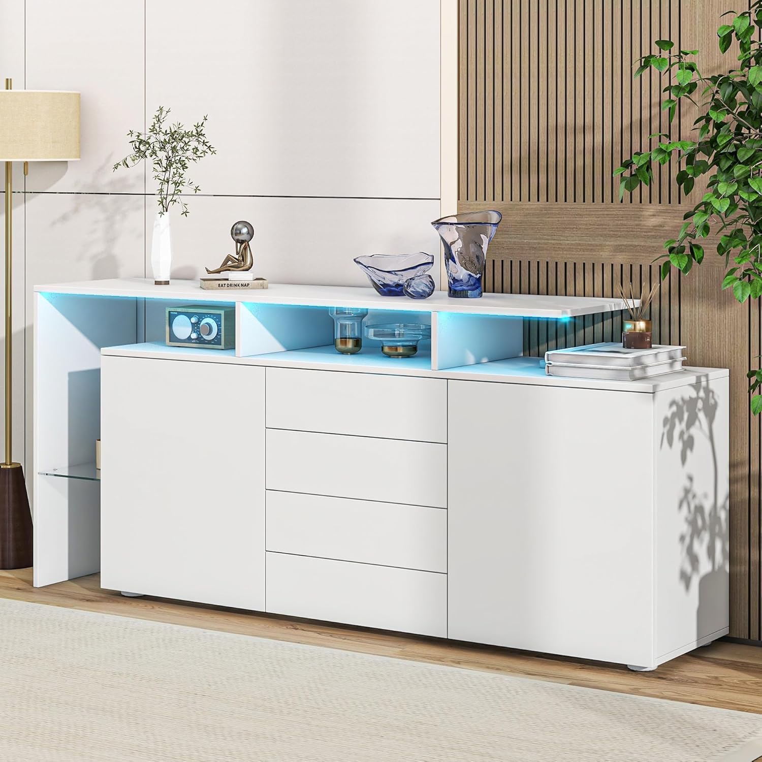 LANTRO JS Kommode Weiß Sideboard Wohnzimmer, Kommode 160 cm Breit, Highboard LED-Beleuchtung mit App Steurung, 70H x 160B x 35Tcm
