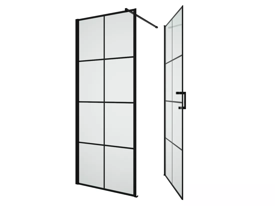 Paroi de douche fixe avec porte pivotante serigraphiée noir mat - 80 x 80 x 190 cm - CAPARICA
