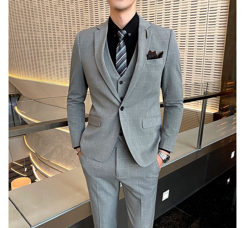 Deepwood - Set: Geruite blazer met één knoop + V-hals vest met knoopjes + pantalon