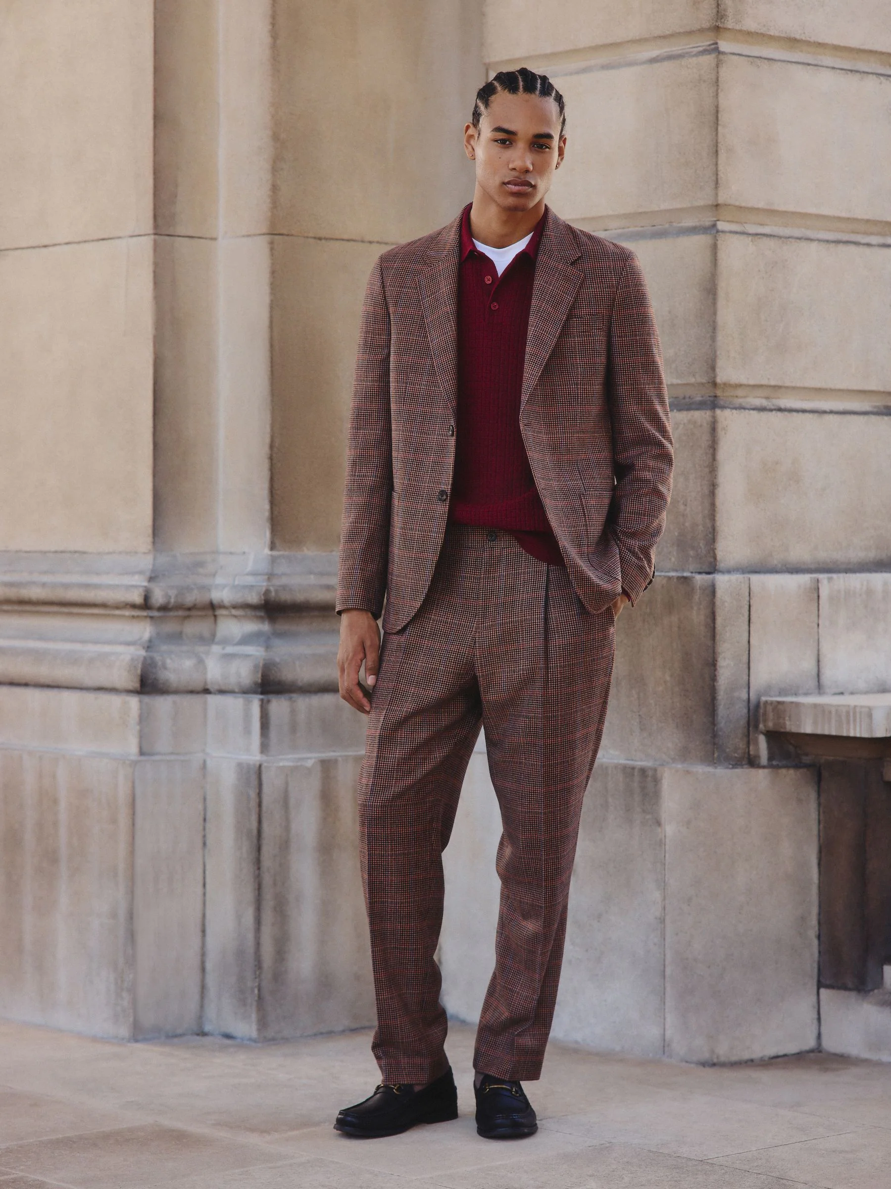 Bruin/rood - Slim fit wolmix geruit pak: jack