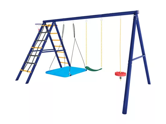 Ensemble de balançoires jardin 3 balançoires + portique escalade + panier basket aire de jeux extérieur