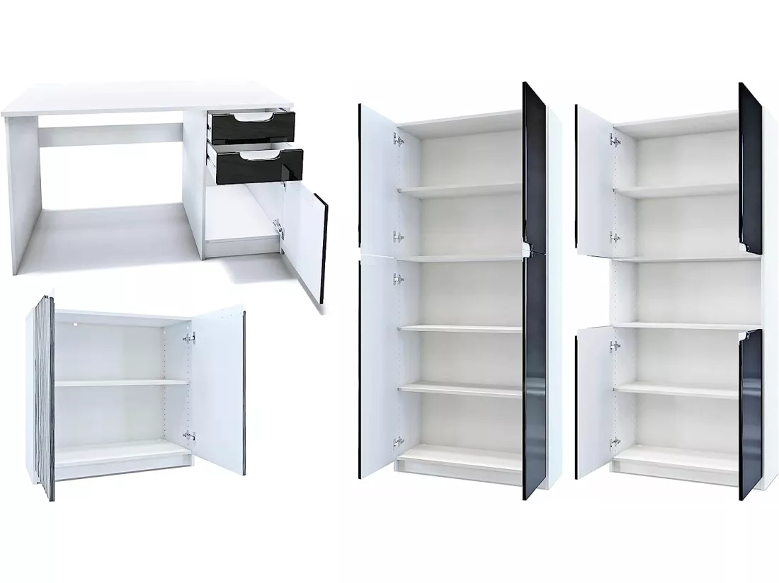 Ensemble de Meubles de Bureau Corps en Blanc Mat et Façades en Aspect Béton foncé
