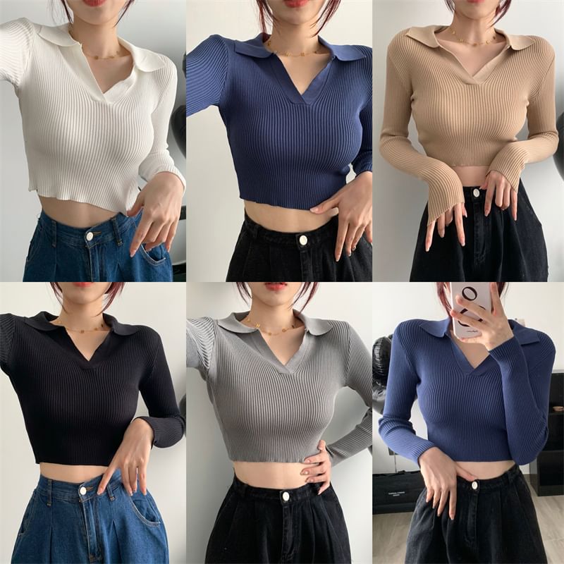 Tonni's - Geribbelde cropped trui met kraag en effen kleur