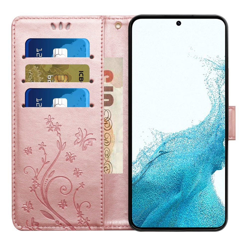 Samsung Galaxy S23 5G Leder Tasche mit Kartenfach   Handschlaufe Butterfly Flowers - Roségold