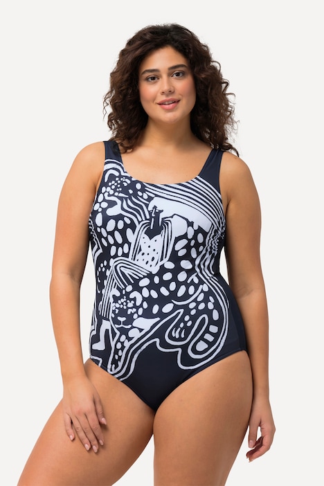 Badeanzug, Leopard, ohne Softcups, Rundhals, Raffung