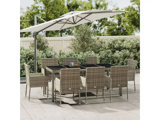 Ensemble à manger de jardin 9 pcs coussins gris résine tressée