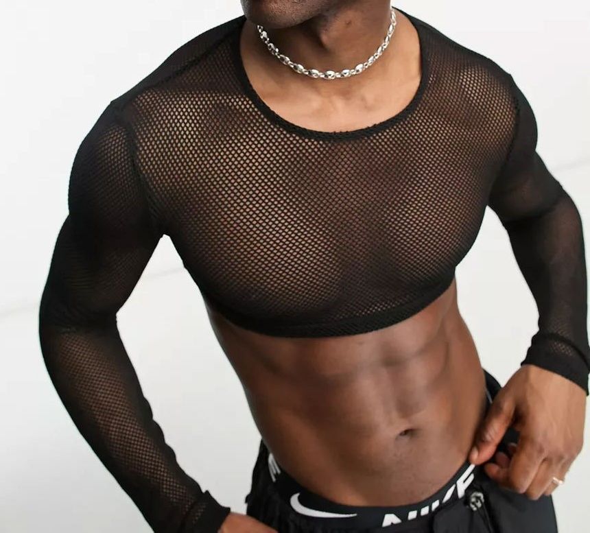 vrovion - Crop top met lange mouwen, ronde hals en effen mesh