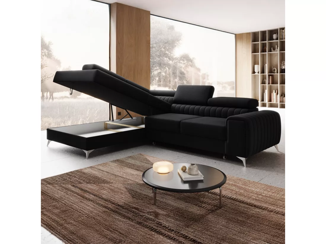 Canapé d'angle gauche convertible Isaac Velours Noir