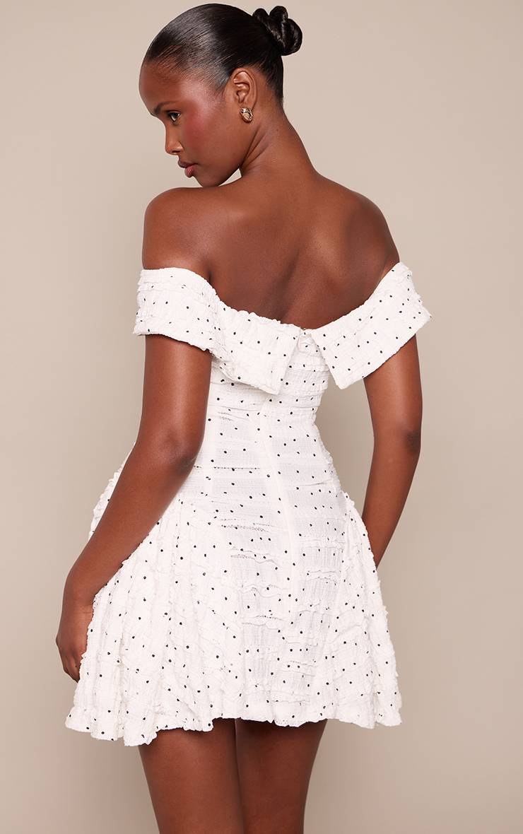 Blanc Robe Droite Bardot Texturée À Pois