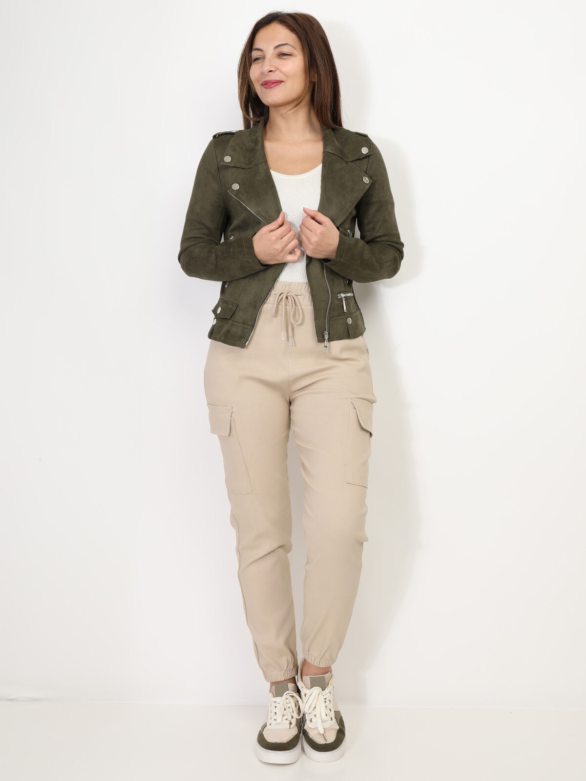 Veste biker ajustée en suédine- Kaki