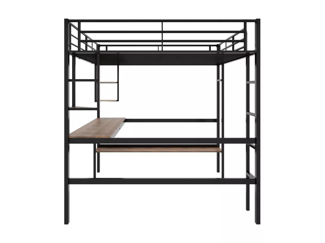 Lit mezzanine 140 x 200 cm avec bureau et étagère de rangement - métal et bois MDF - noir