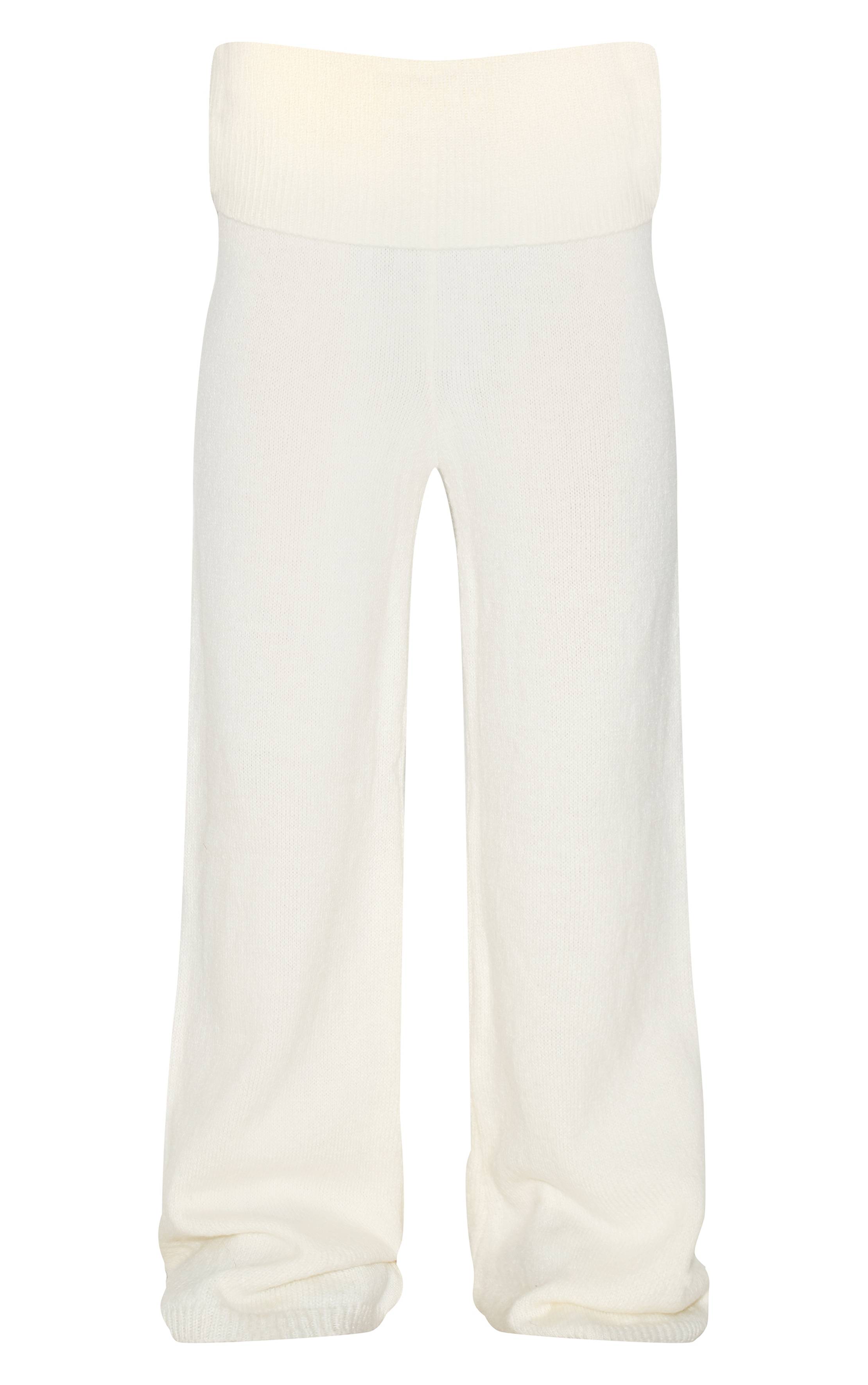 Crème Pantalon Évasé En Maille Avec Taille Pliée Petite